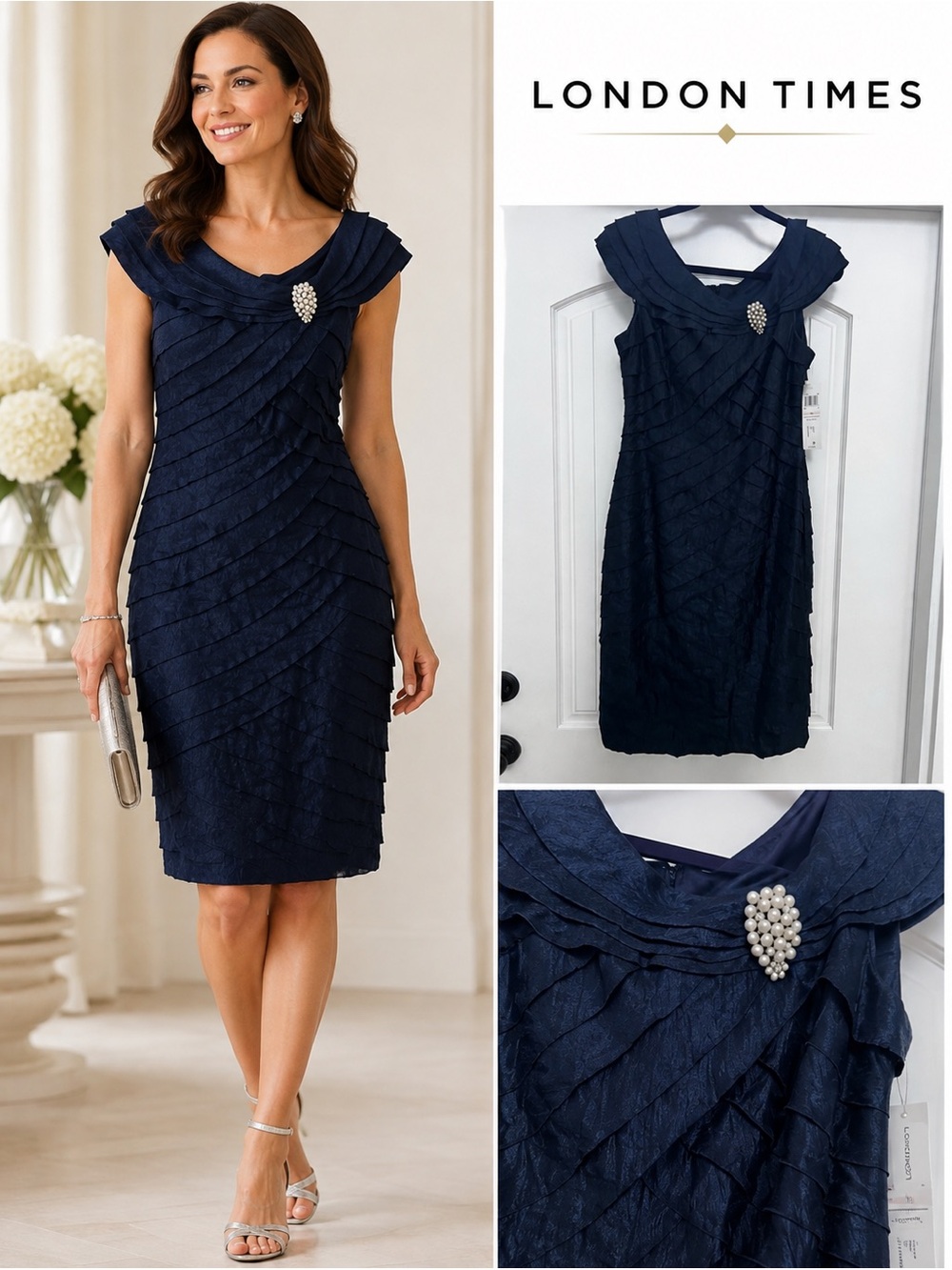 London Times Navy Ruffle Cocktail Dress with Pearl Brooch – Size 10
